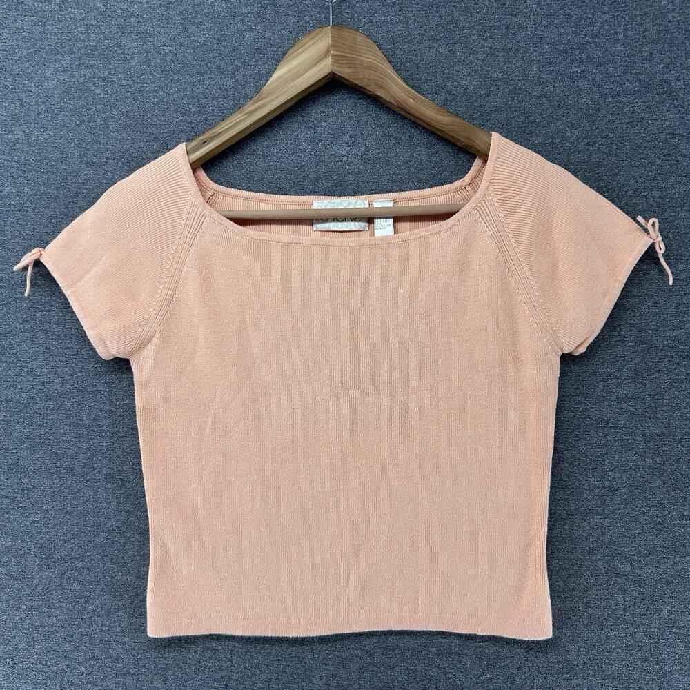Cache Womens Medium Peach Pink 100% Cotton Ribbed Short Sleeve Tie Crop Top